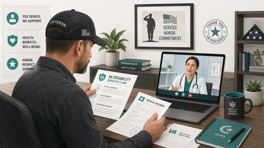 veteran anxiety telehealth consultation VA disability benefits infographic