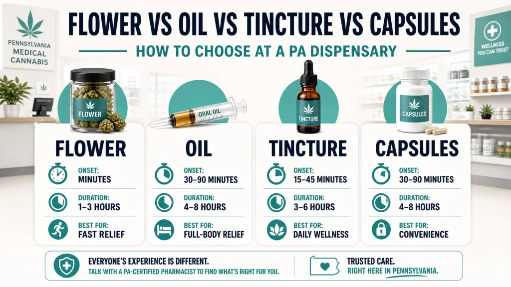 flower vs oil vs tincture vs capsules infographic