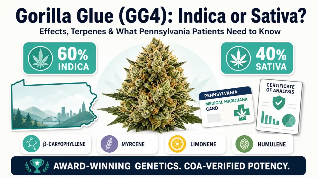 Gorilla Glue GG4 strain indica or sativa infographic